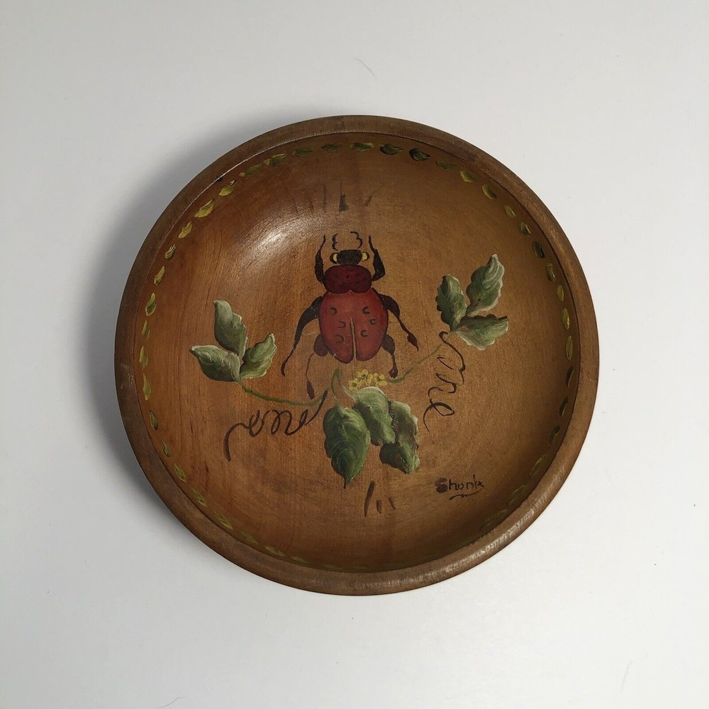 Vintage Primitive Wooden Bowl, Hand painted With Beetle And Leaves, Signed Shunk